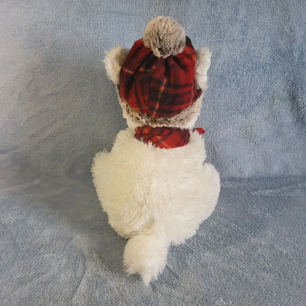 Gentle Treasures Plush White Dog Bear Red Plaid Winter Hat Scarf Holiday Stuff
